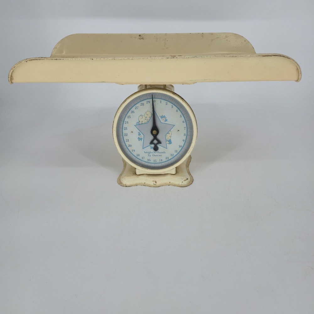 Vintage Baby Nursery Scale 30 Lb Blue Star Infant Scale Cream Metal Decor 19" Wd